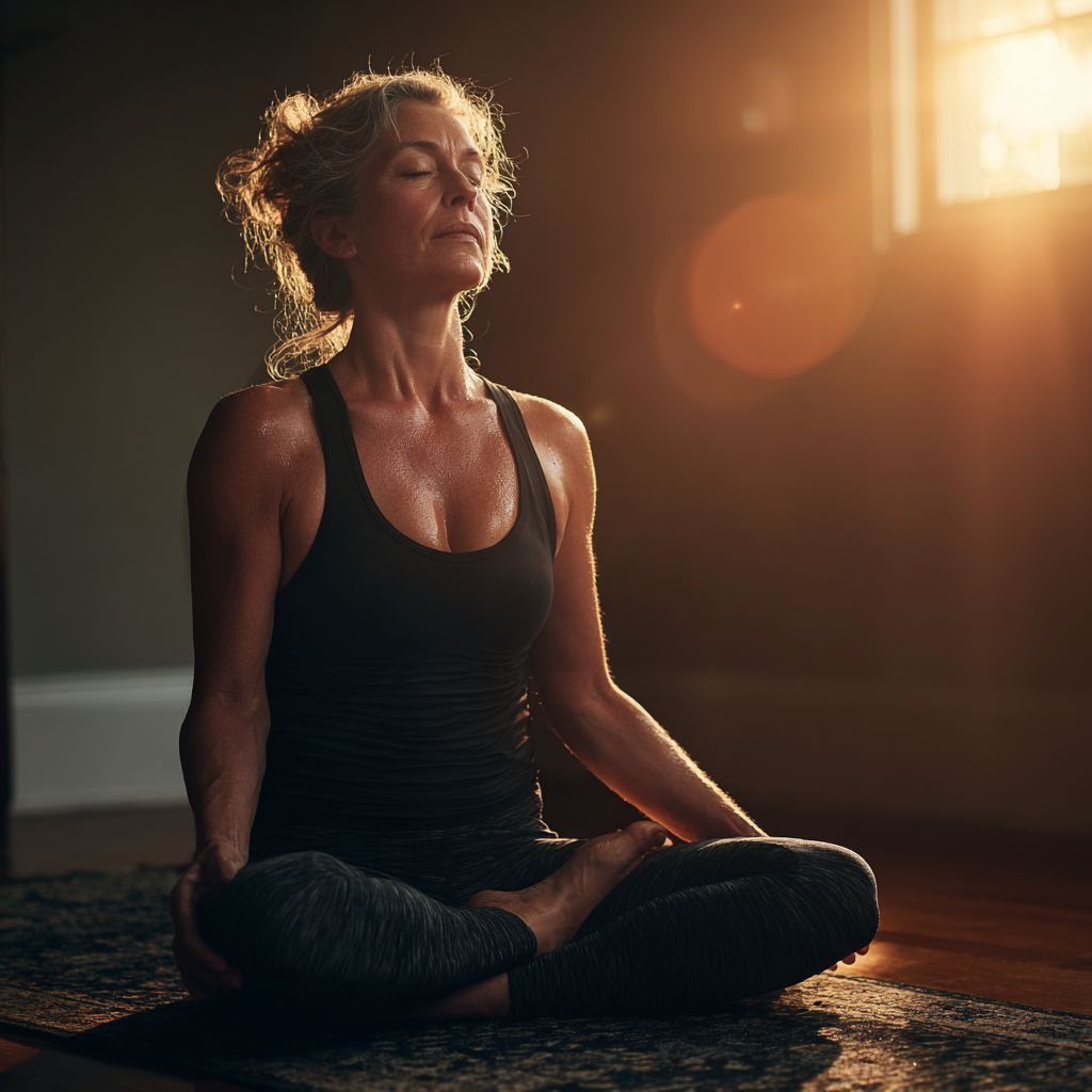 Жінка 55 років виконує асану лотоса в затишній йога-студії з м'яким освітленням