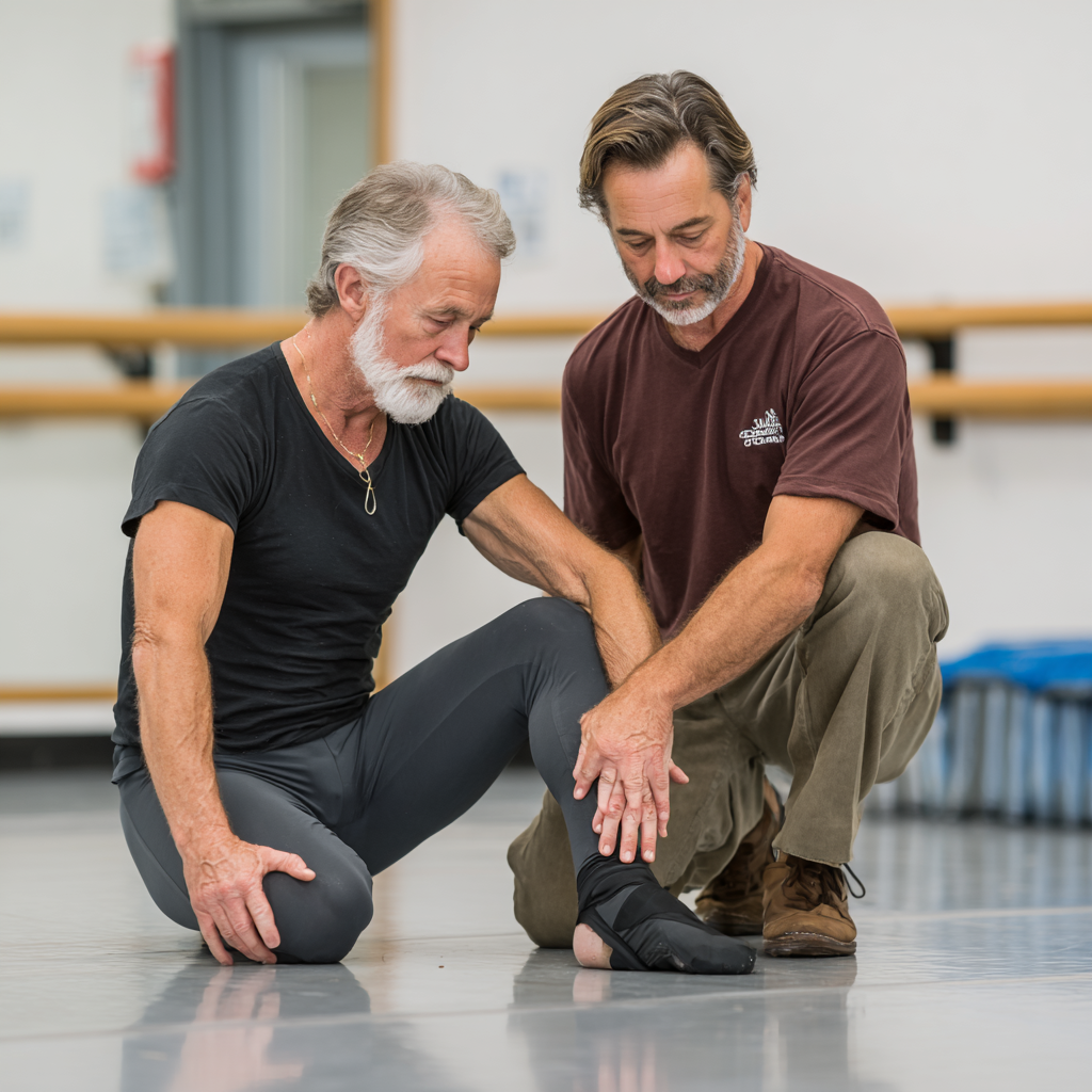 Чоловік 58 років виконує м'які розтяжки під керівництвом досвідченого інструктора в світлій студії