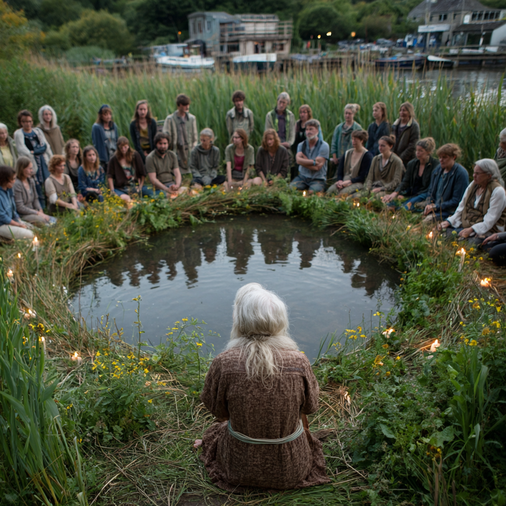 Група людей різного віку, включаючи жінку 52 років, медитують в колі в оточенні зелених рослин