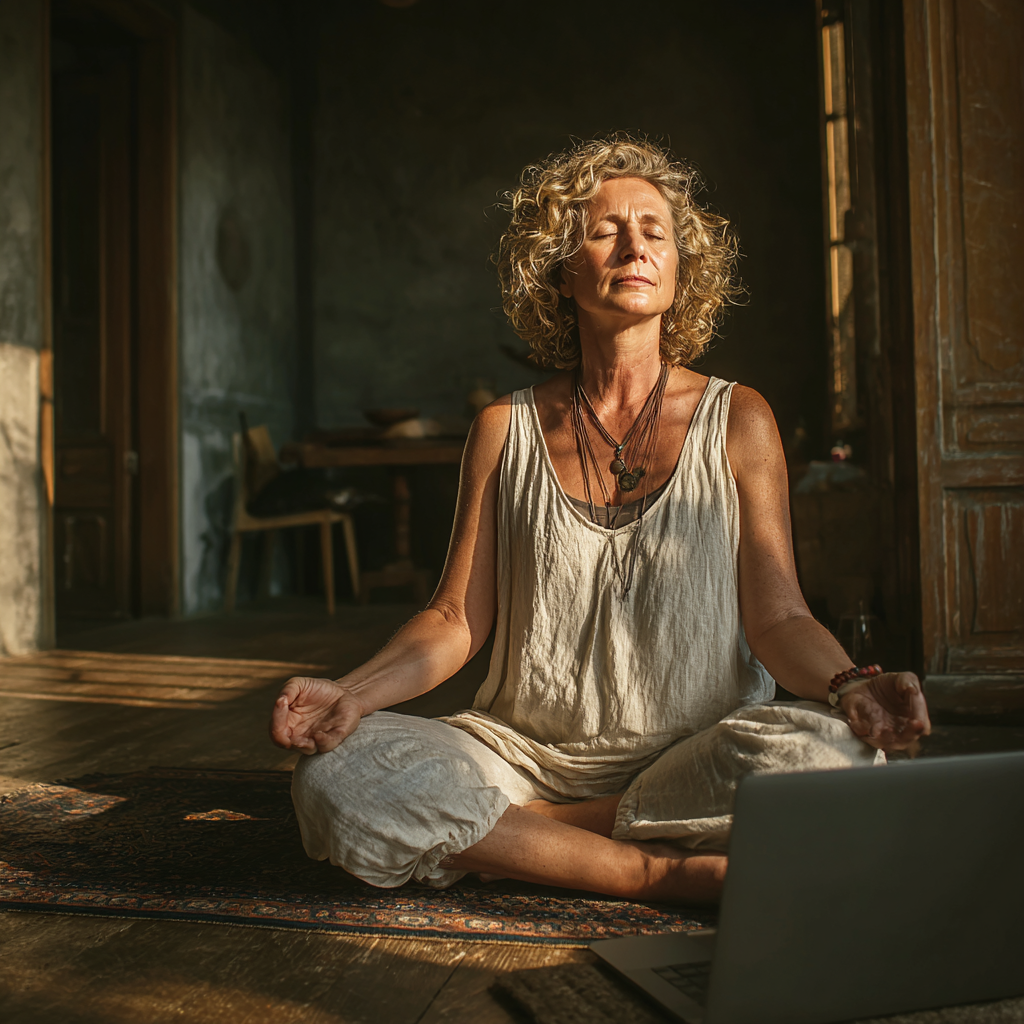 Жінка 60 років практикує йогу вдома перед ноутбуком, слідуючи онлайн-заняттю